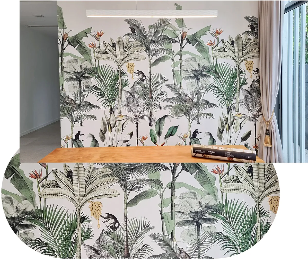 Tropical dining-themed mural wallpaper installation